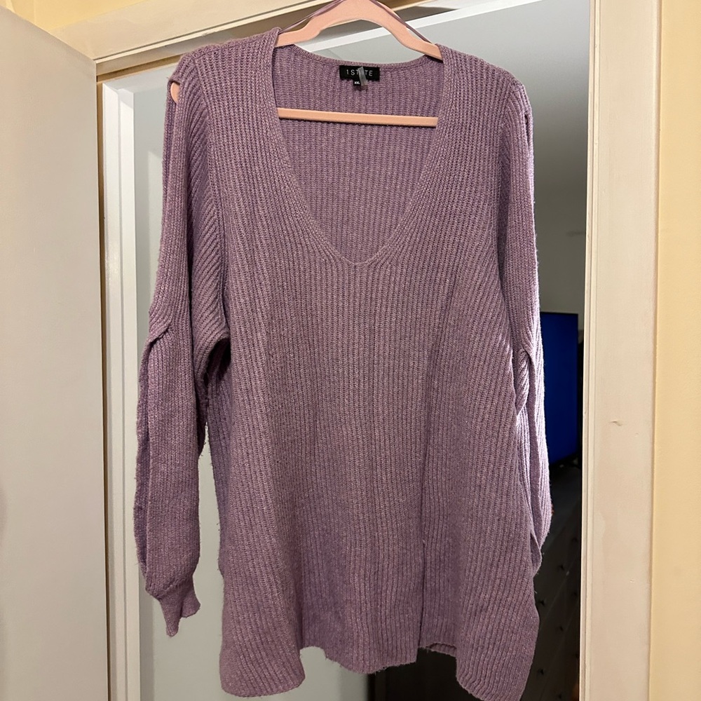 Purple v neck sweater with open sleeves